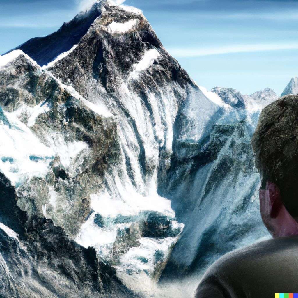 someone gazing at Mount Everest, digital art, depth effects